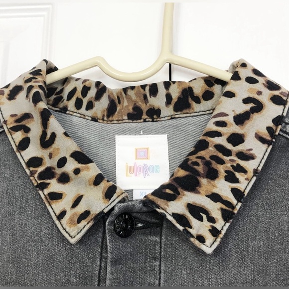 Lularoe Black Denim Leopard Print Stretch Jean Jacket XL - Picture 3 of 16
